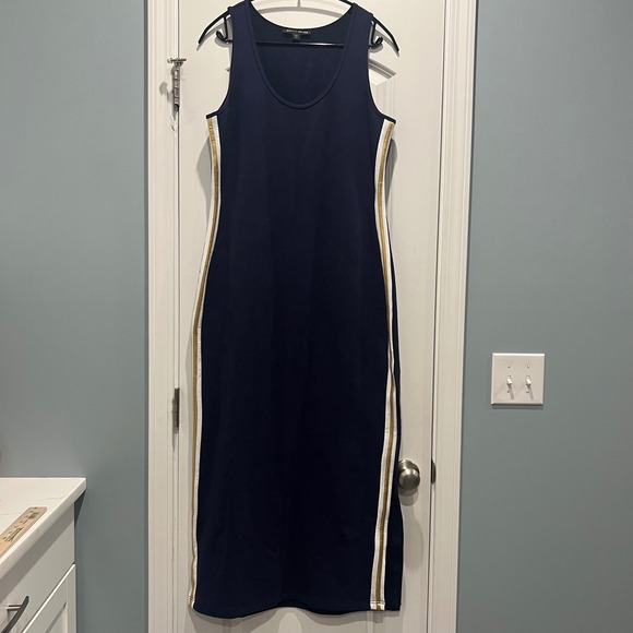 Boston Proper Dresses & Skirts - Boston Proper Maxi Dress Womens L Navy Blue Gold Stripe Tank Slit 2BB543